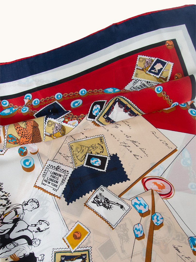Large silk scarf with stamps and envelopes motifs110 cm x 110 cm image 3