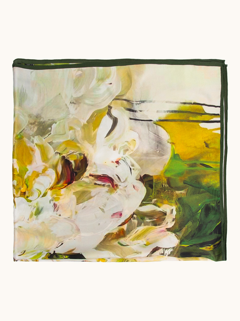 Large silk scarf in shades of green painted flower 110cm x 110cm image 2