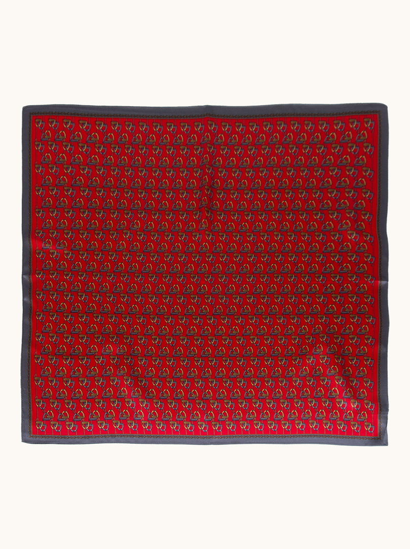 Red patterned silk scarf with gray border 70 cm x 70 cm image 2