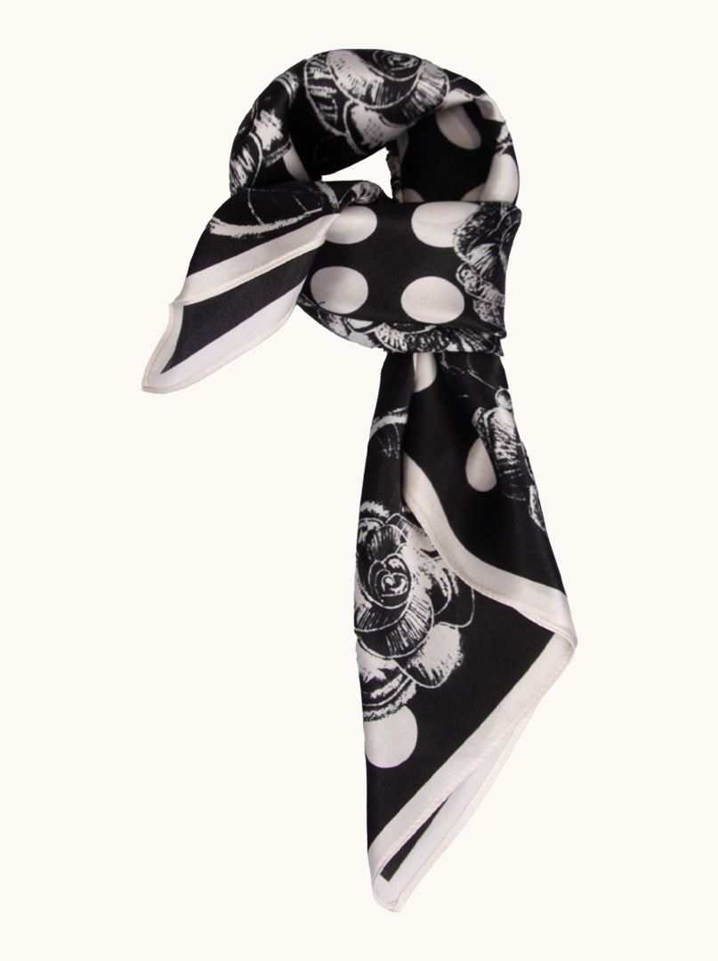 Black silk scarf with white peas and roses 70 cm x 70 cm image 3