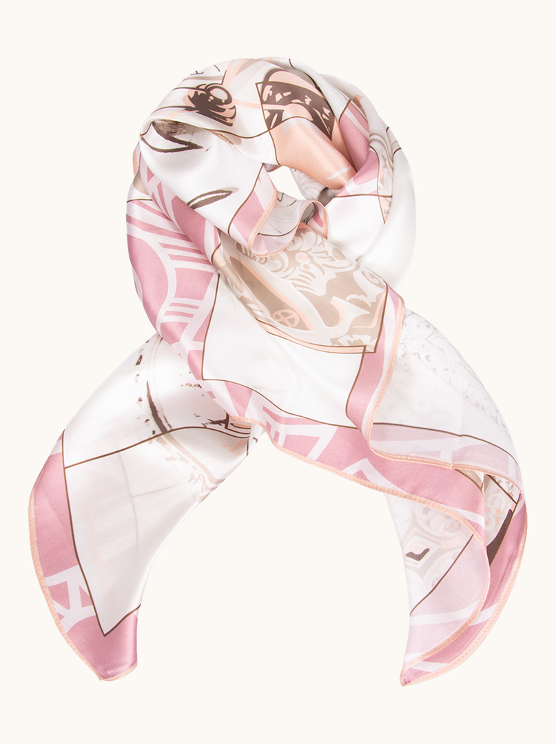 Pink silk scarf with clock motif 90 cm x 90 cm PREMIUM image 1