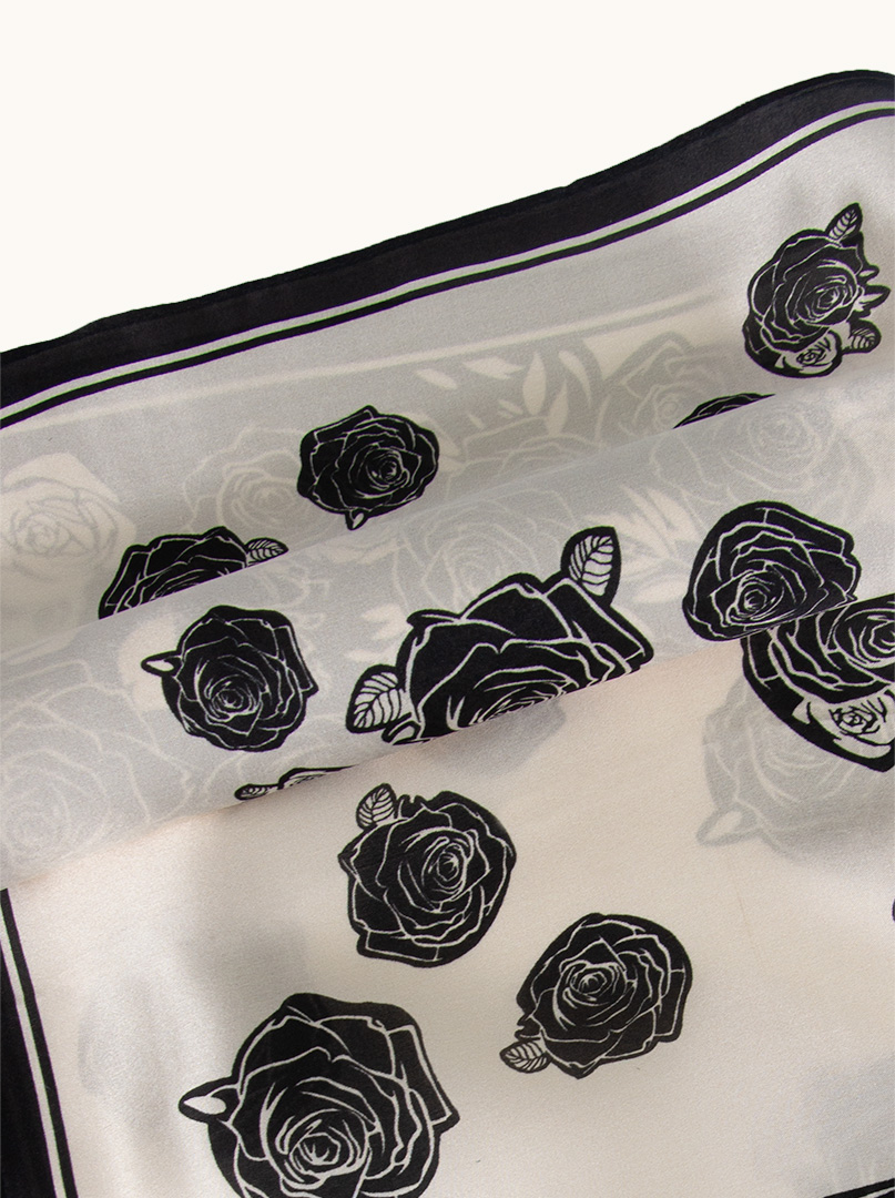 Silk white and black gavroche in roses 53x53 cm image 3
