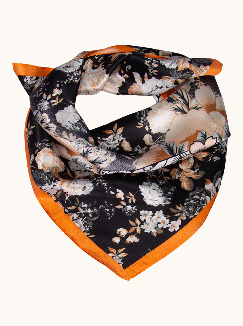 Silk black gavroche with flowers, with orange border 53x53 cm image 1