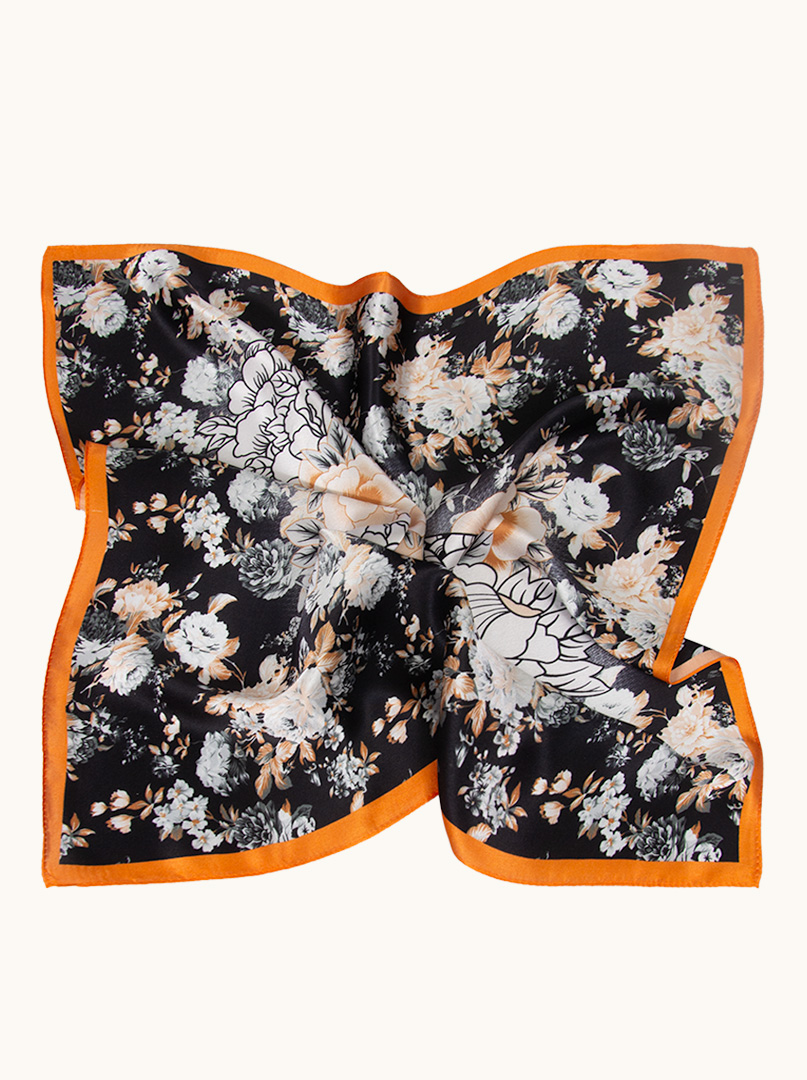 Silk black gavroche with flowers, with orange border 53x53 cm image 4