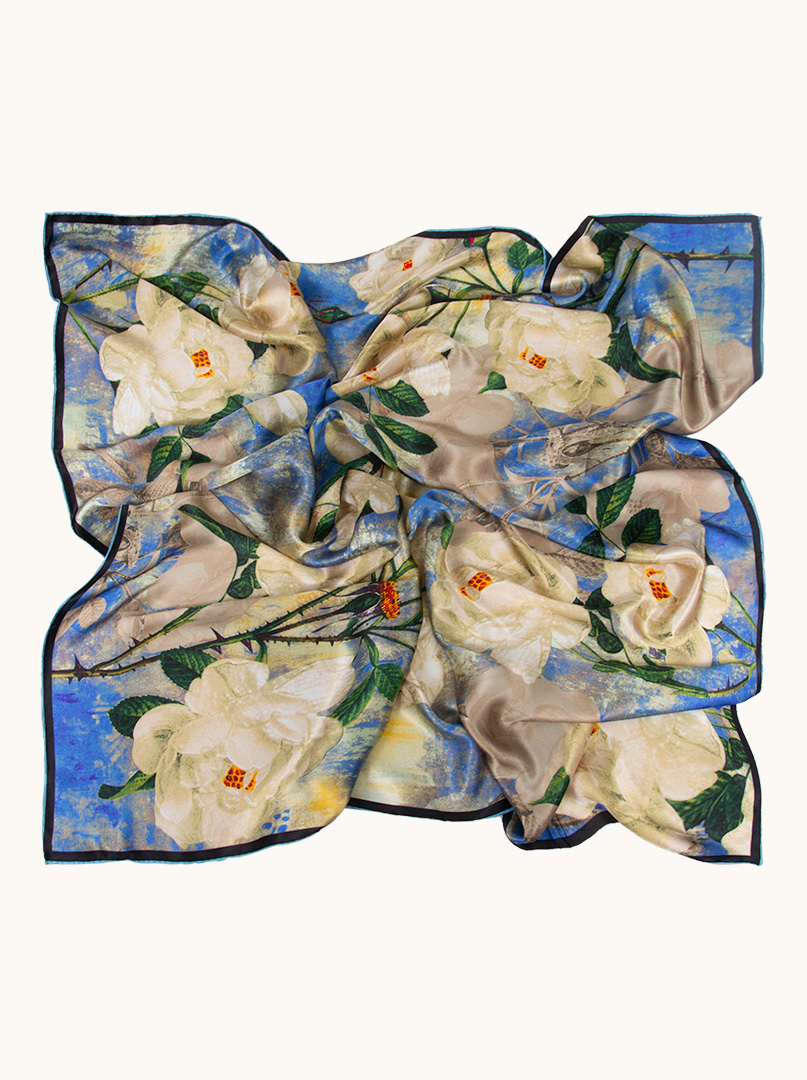 Large blue silk scarf with painted flowers 110 cm x 110 cm image 1