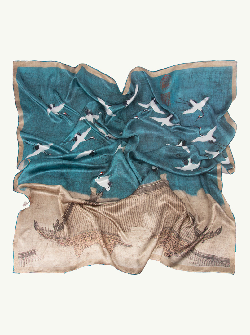 Large silk scarf with motif of flying cranes image 1