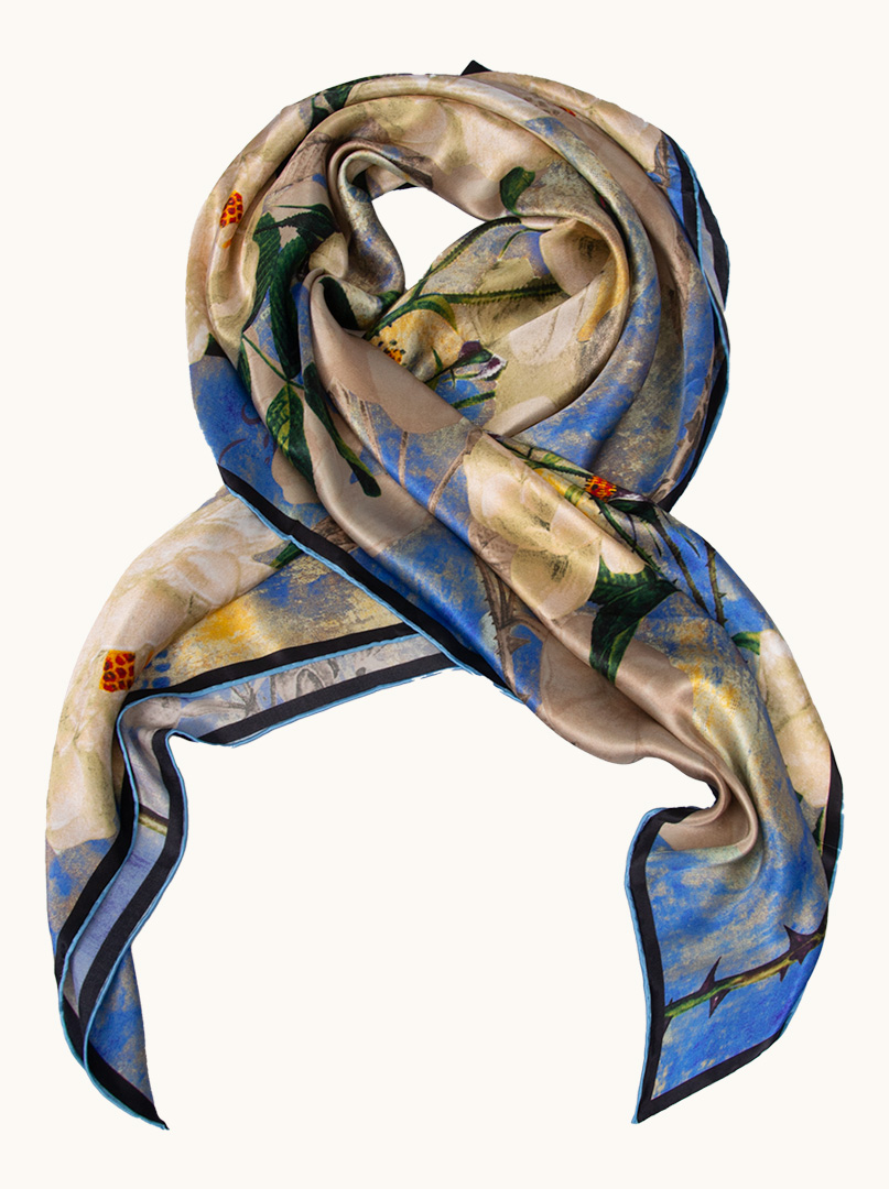 Large blue silk scarf with painted flowers 110 cm x 110 cm image 4