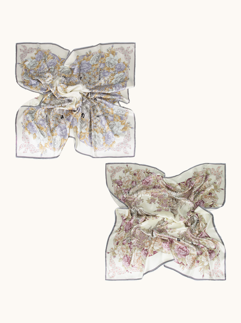 Large double-sided silk scarf with floral motif 110cm x 110cm PREMIUM image 1