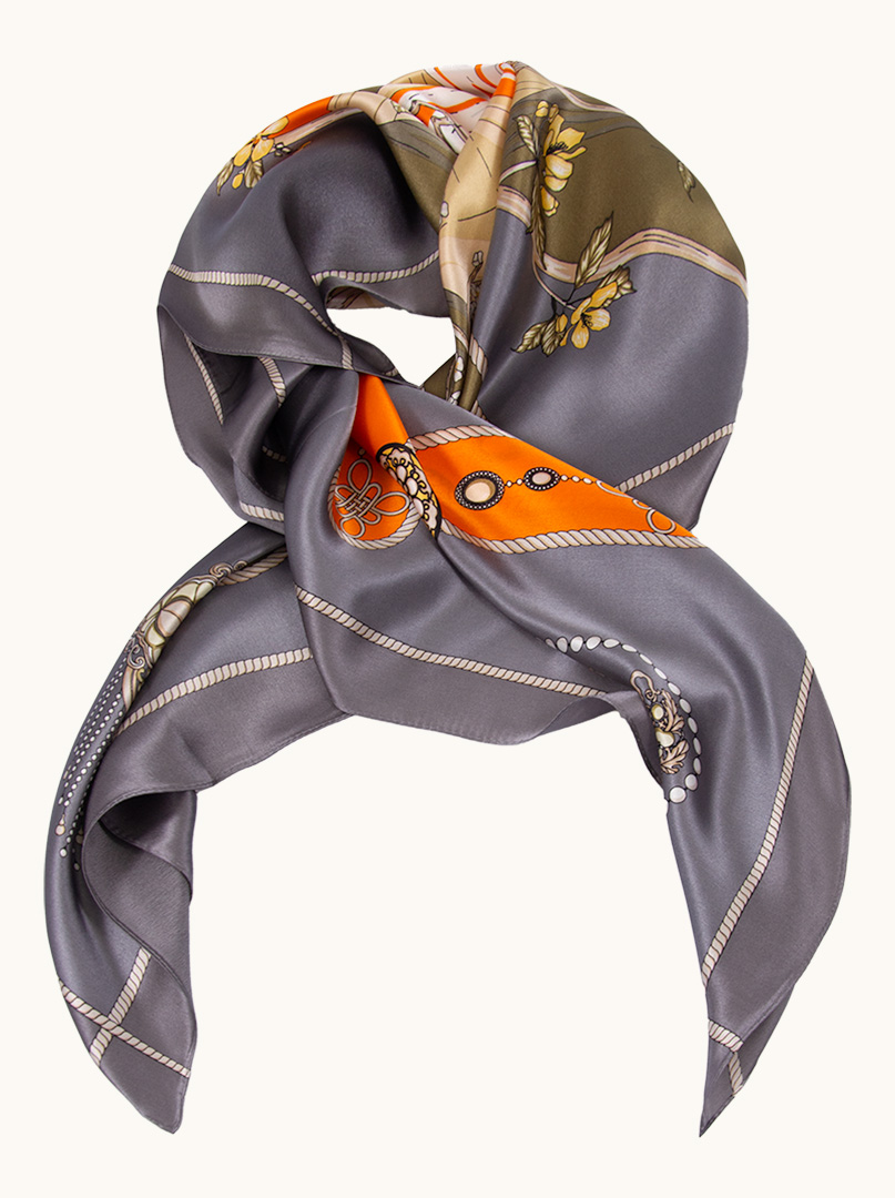Orange and graphite floral silk scarf 90 cm x 90 cm image 1