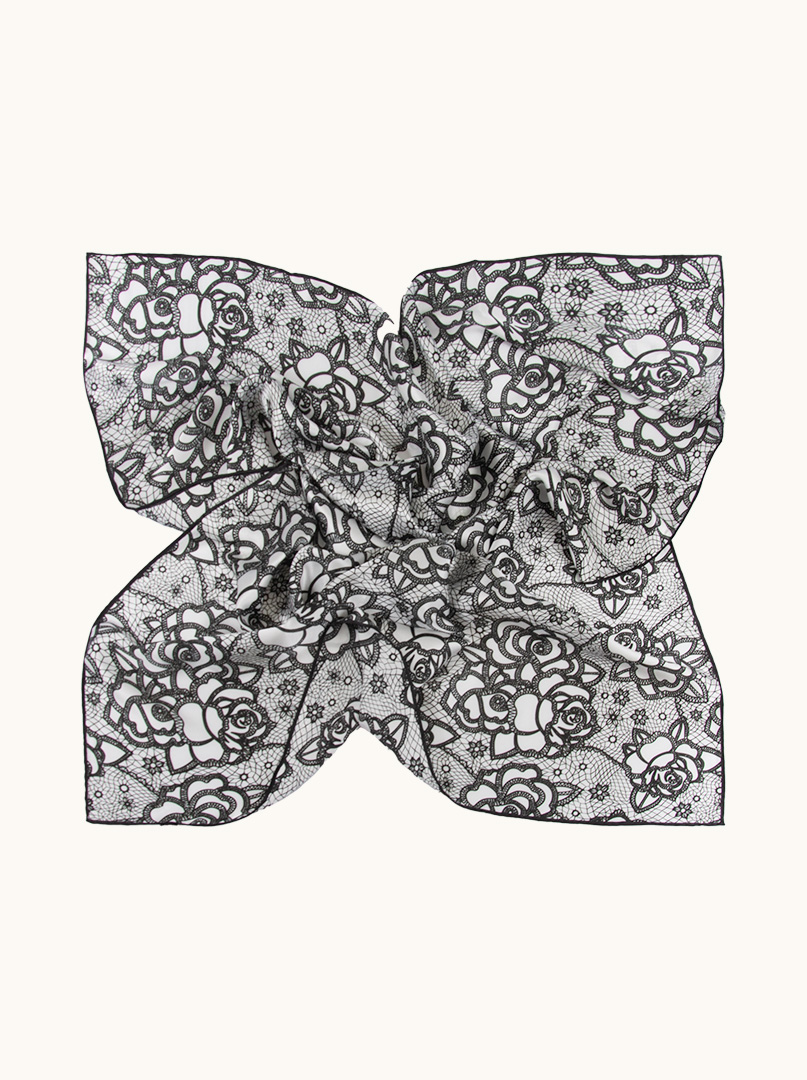 Large black and white floral silk scarf 105cm x 105cm PREMIUM image 4