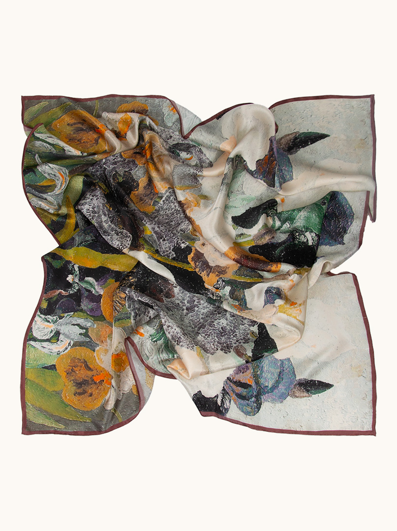 Large silk scarf in painterly flowers with a burgundy border 110cm x 110cm image 1