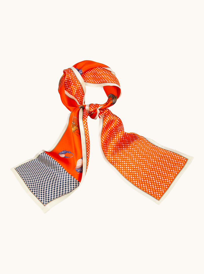 Double-sided narrow double silk orange shawl with coach motif image 2