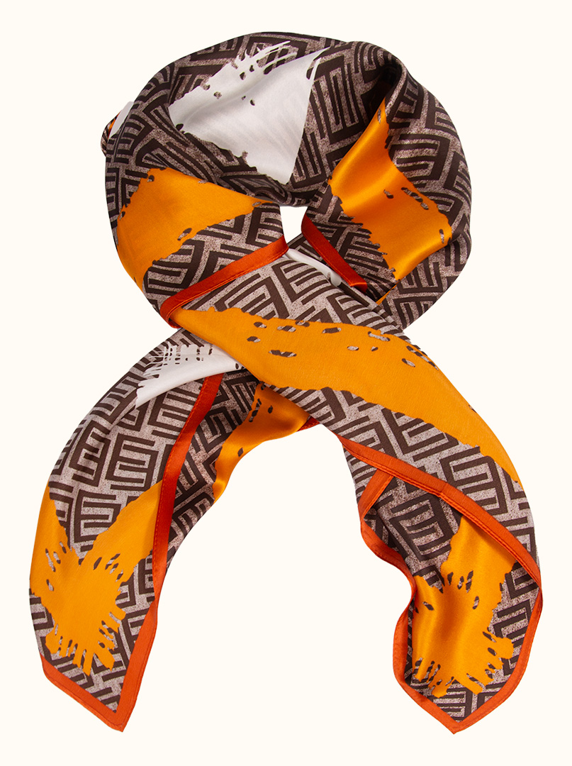 Brown silk scarf with geometric patterns 90 cm x 90 cm PREMIUM image 1