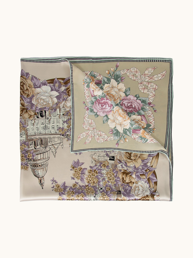 Large beige double-sided silk scarf with floral motif 110cm x 110cm PREMIUM image 2