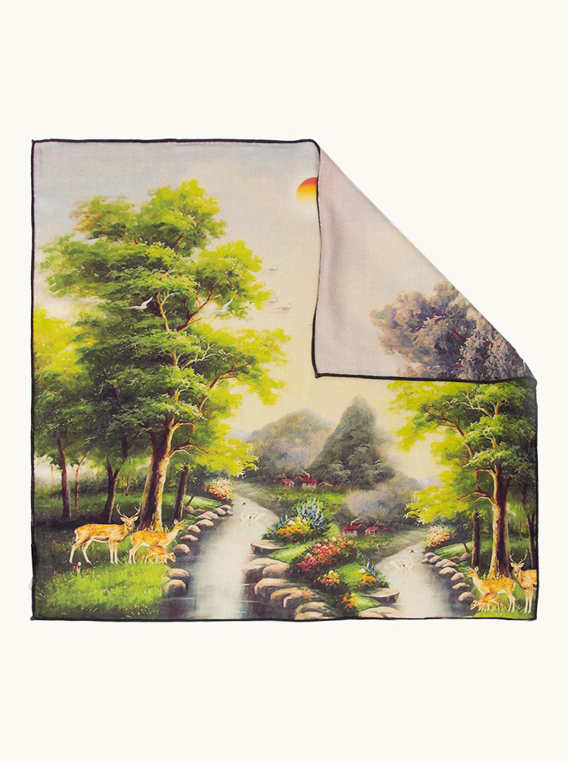 Medium double-sided scarf in silk and wool landscape image 1