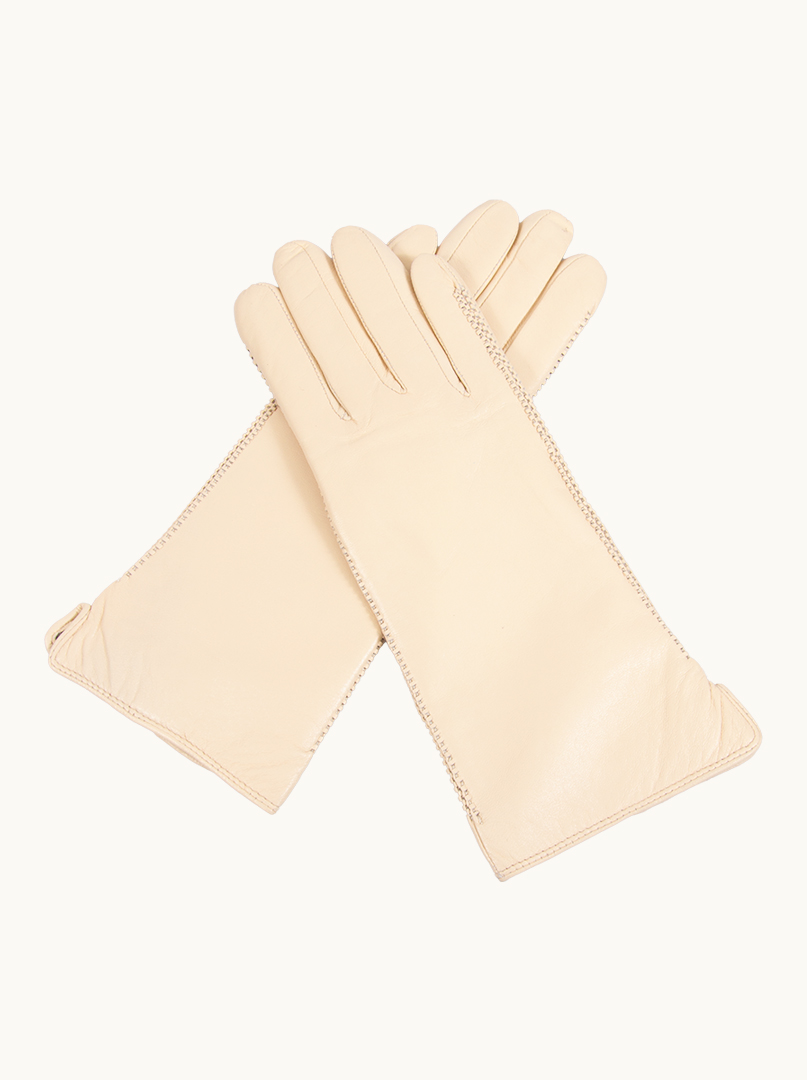 Skórzane rękawiczki ecru z delikatnym podłużnym wzorem zdjęcie 2