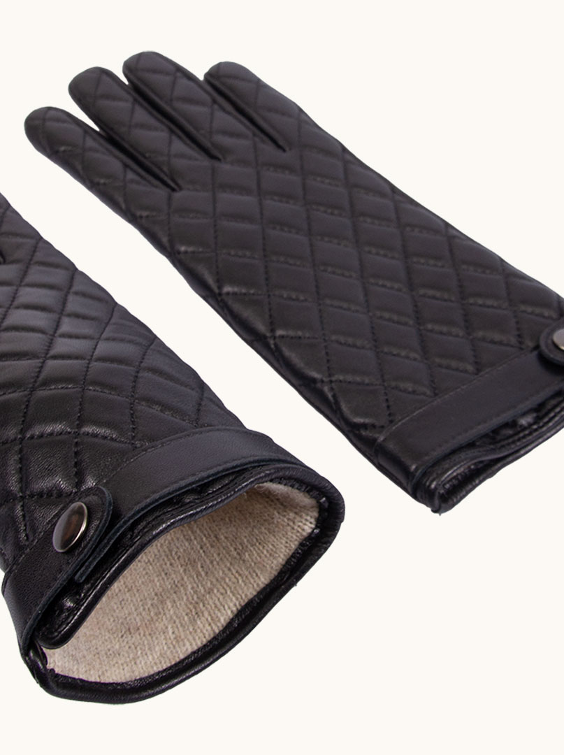 Czarne skórzane rękawiczki pikowane z guzikiem zdjęcie 3