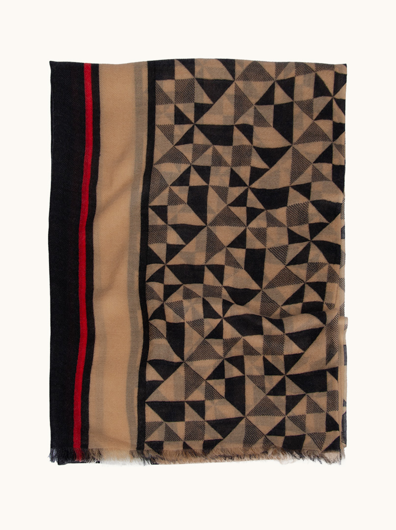 Cienki szal kaszmirowy w kolorze brązowym w czarną kratkę z czerwono-czarną lamówką PREMIUM zdjęcie 3