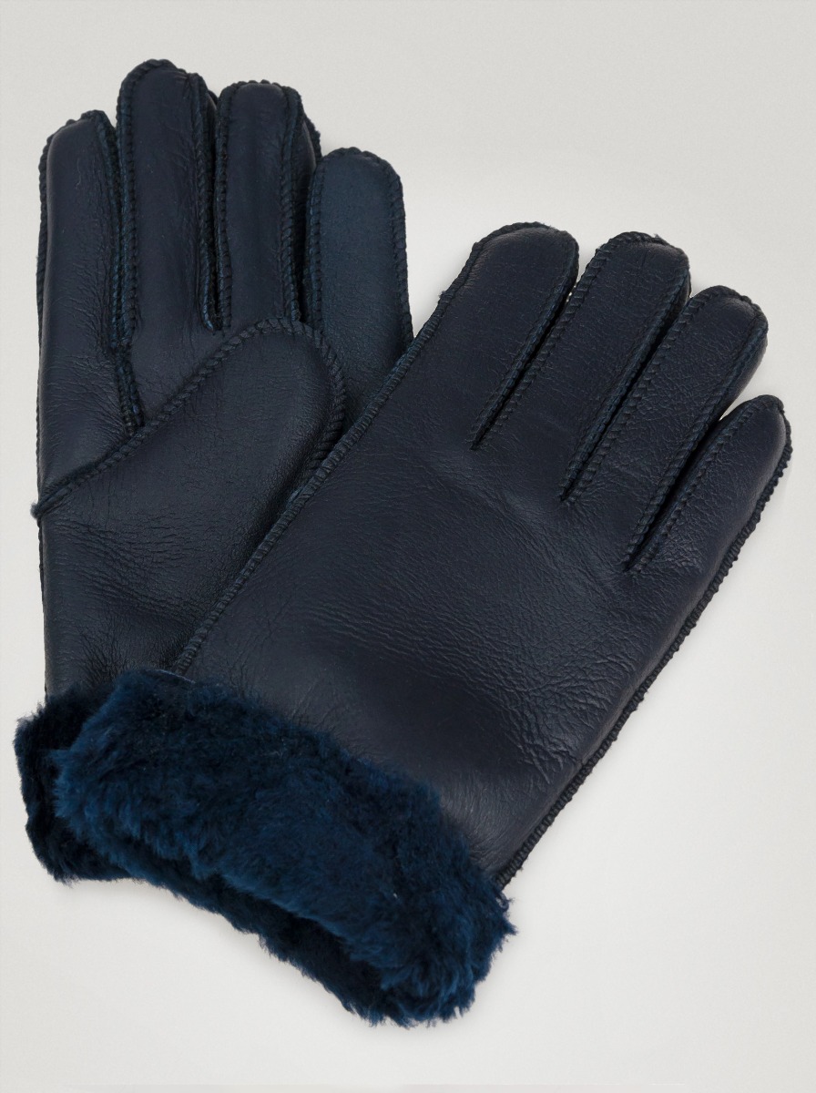 ciepłe skórzane rękawiczki z futerkiem granatowe - S - Allora zdjęcie 1
