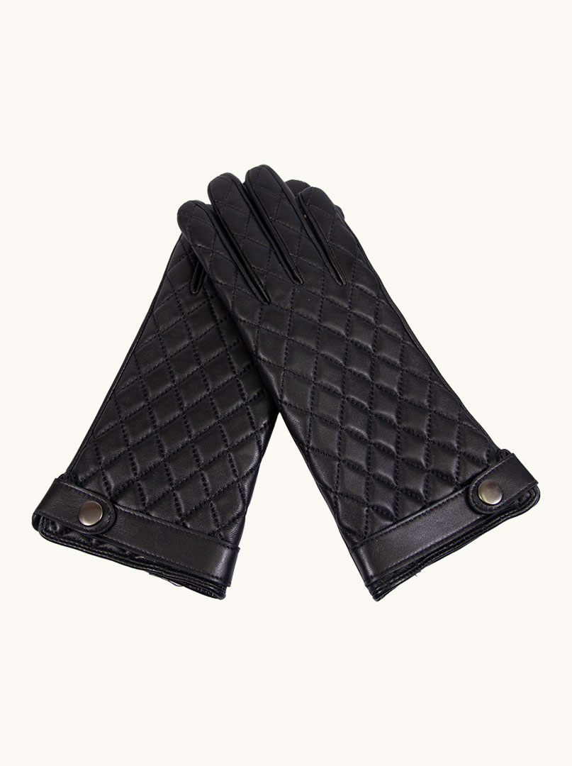 Czarne skórzane rękawiczki pikowane z guzikiem zdjęcie 4