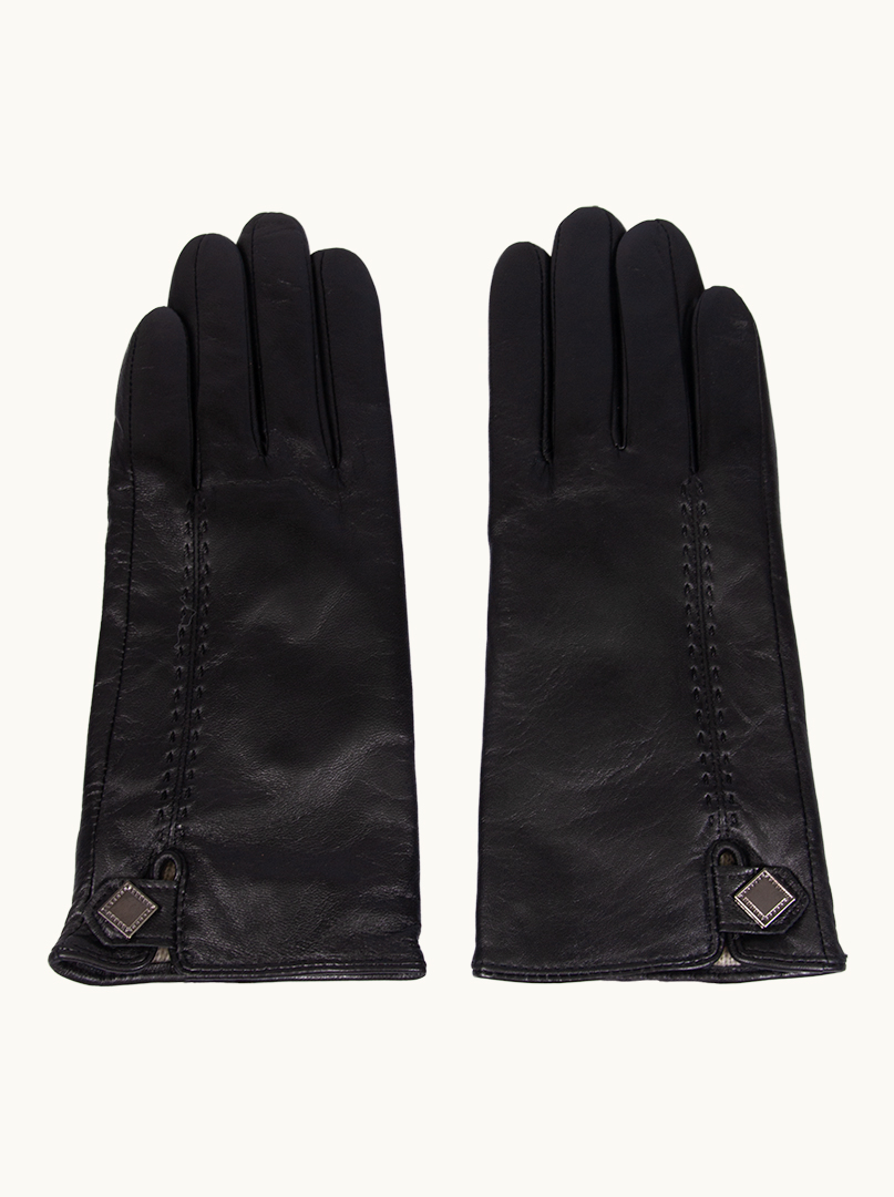 Czarne skórzane rękawiczki z ozdobnym  guzikiem PREMIUM zdjęcie 1