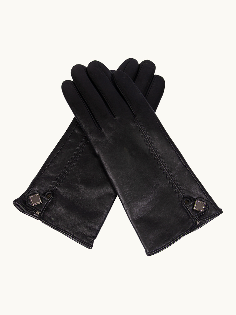 Czarne skórzane rękawiczki z ozdobnym  guzikiem PREMIUM zdjęcie 2