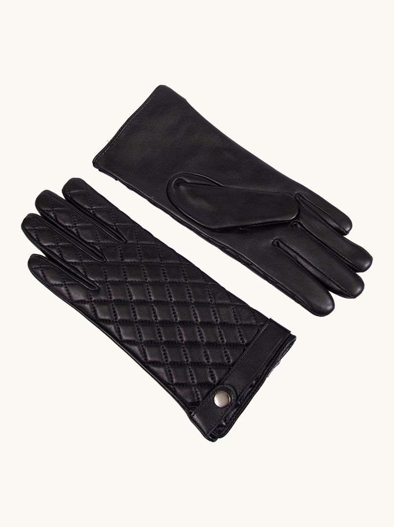 Czarne skórzane rękawiczki pikowane z guzikiem zdjęcie 2