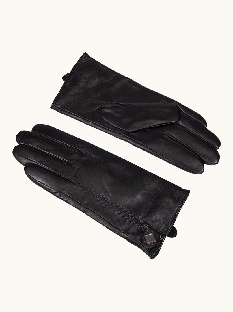 Czarne skórzane rękawiczki z ozdobnym  guzikiem PREMIUM zdjęcie 3