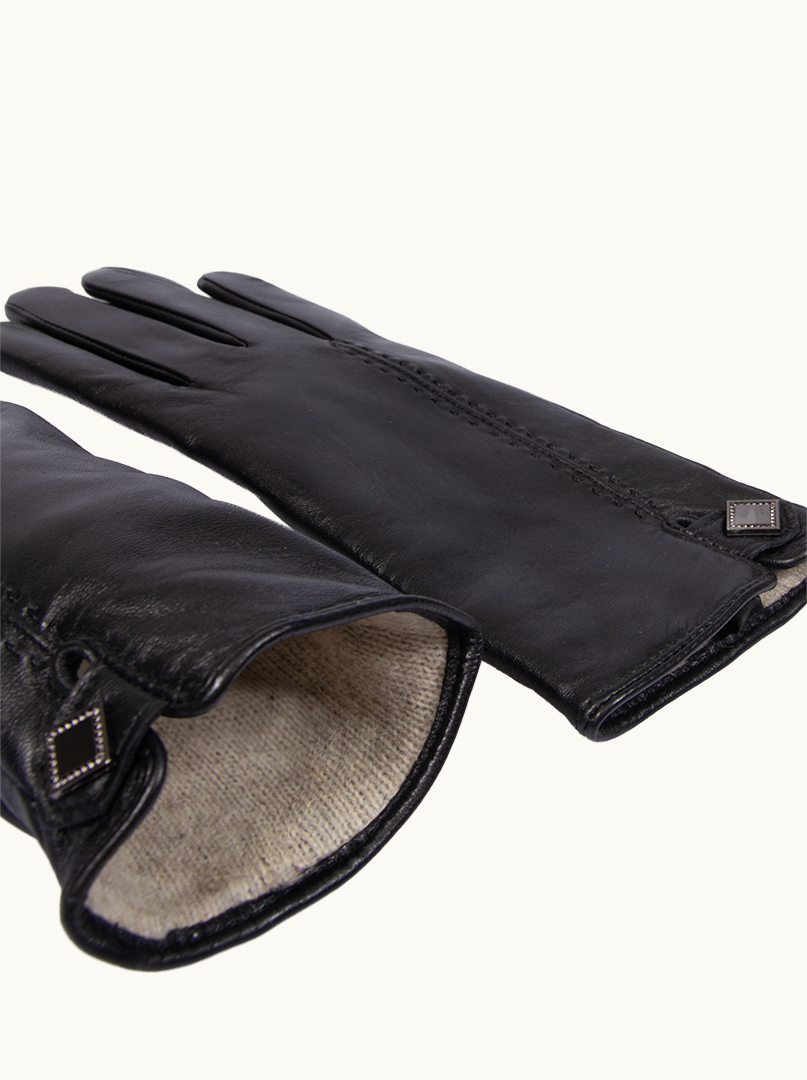 Czarne skórzane rękawiczki z ozdobnym  guzikiem PREMIUM zdjęcie 4