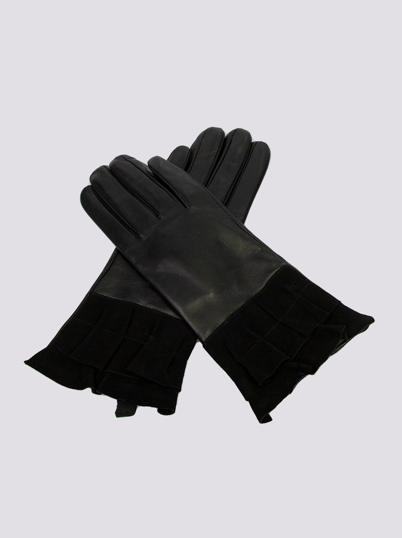 Czarne Skórzane Rękawiczki z Potrójną Falbanką - Allora zdjęcie 2