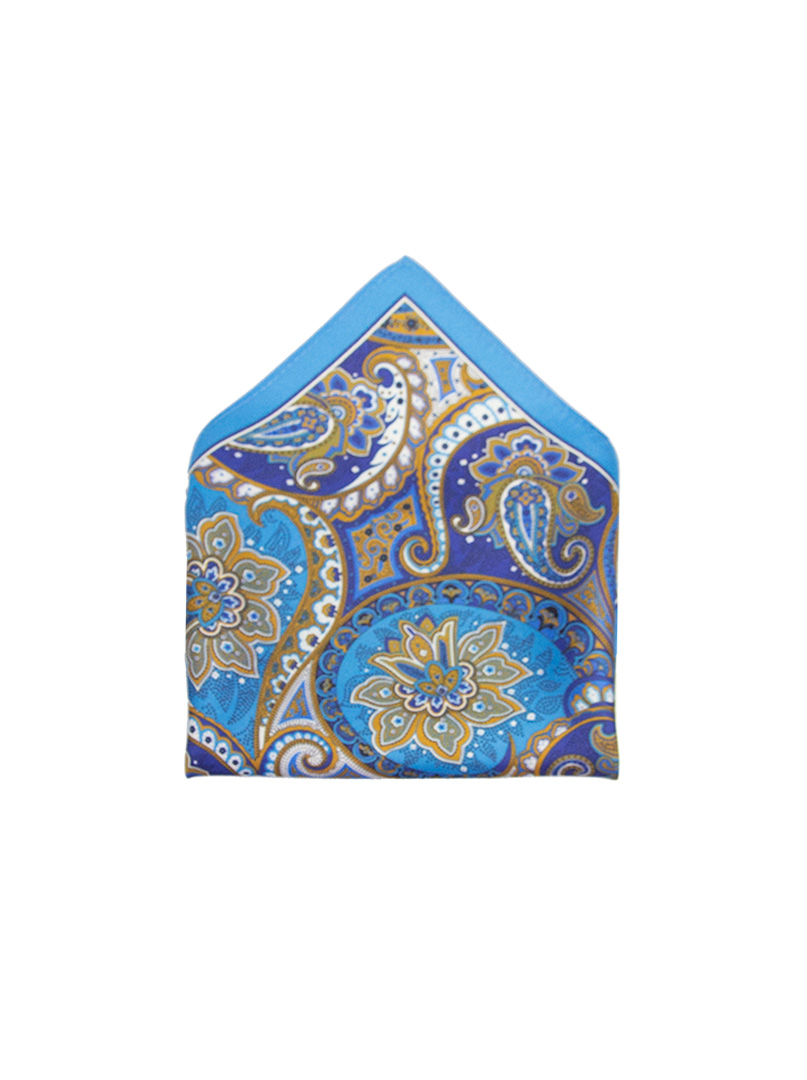 Jedwabna poszetka niebieska w oliwkowo-brązowe wzory zdjęcie 1