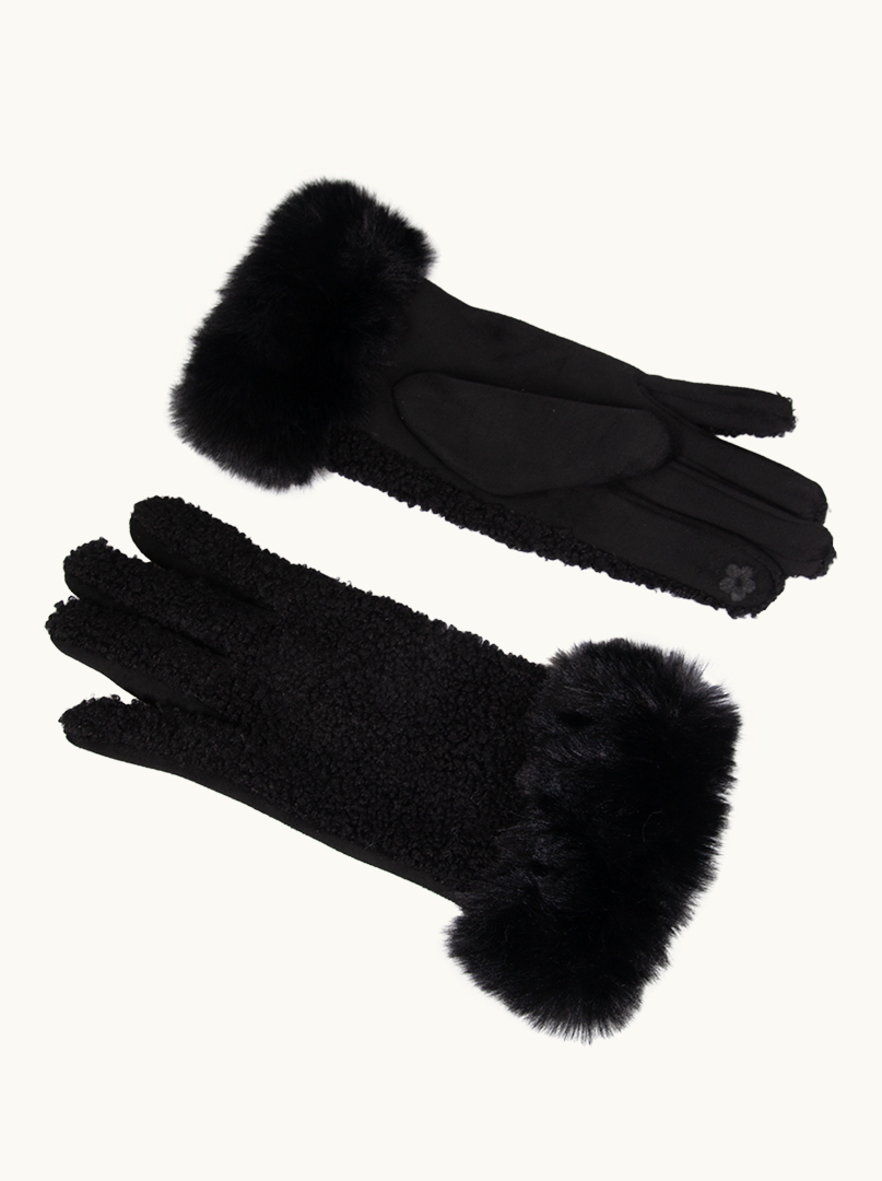 Czarne  rękawiczki ze sztucznym futerkiem  wykończone boucle once size zdjęcie 3