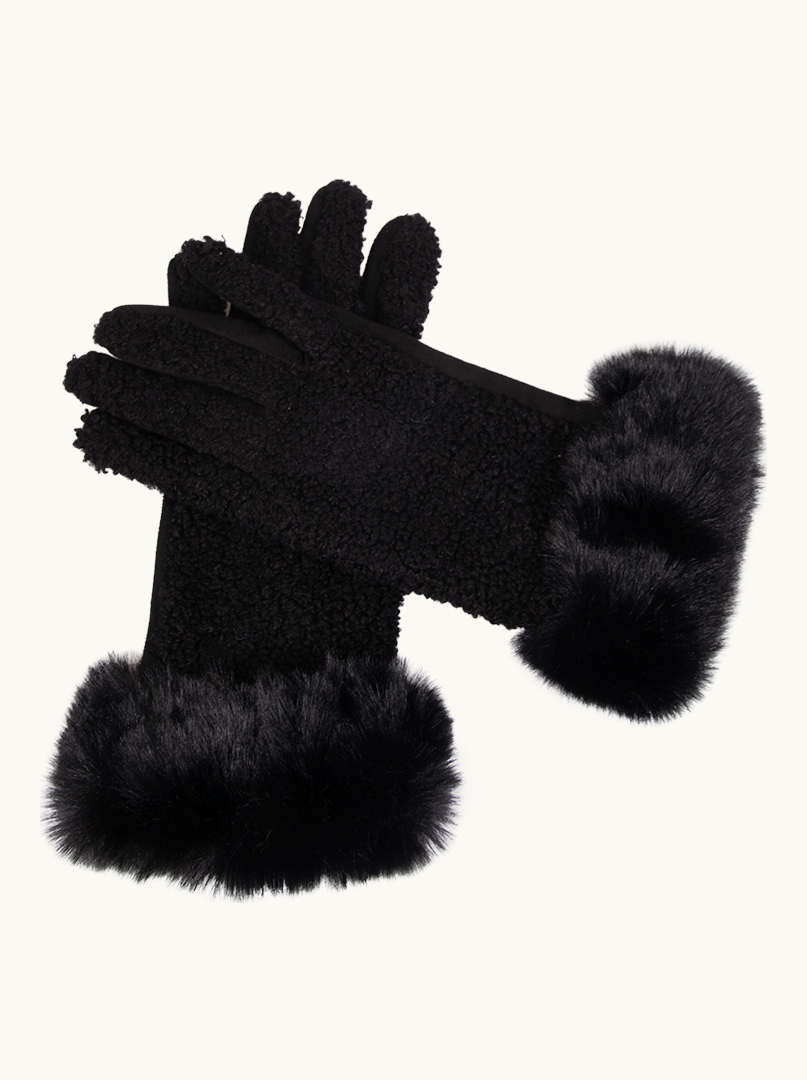 Czarne  rękawiczki ze sztucznym futerkiem  wykończone boucle once size zdjęcie 2