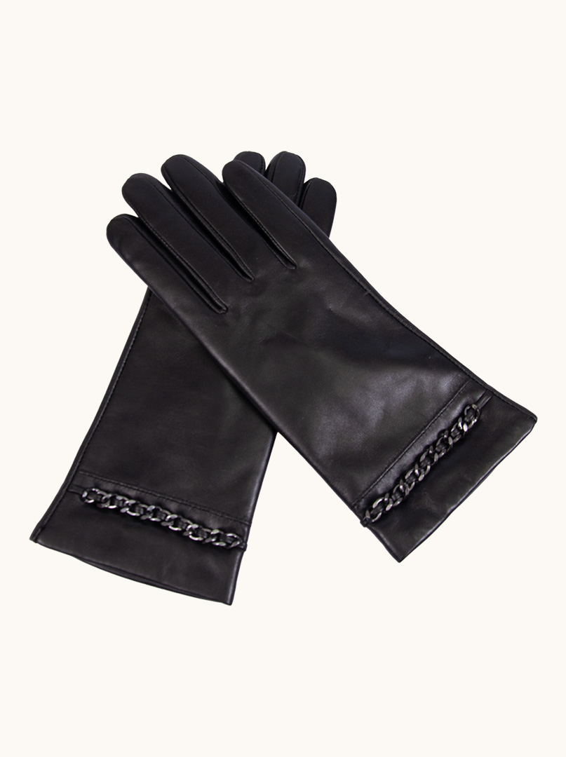 Czarne skórzane rękawiczki  z ozdobnym łańcuszkiem zdjęcie 4