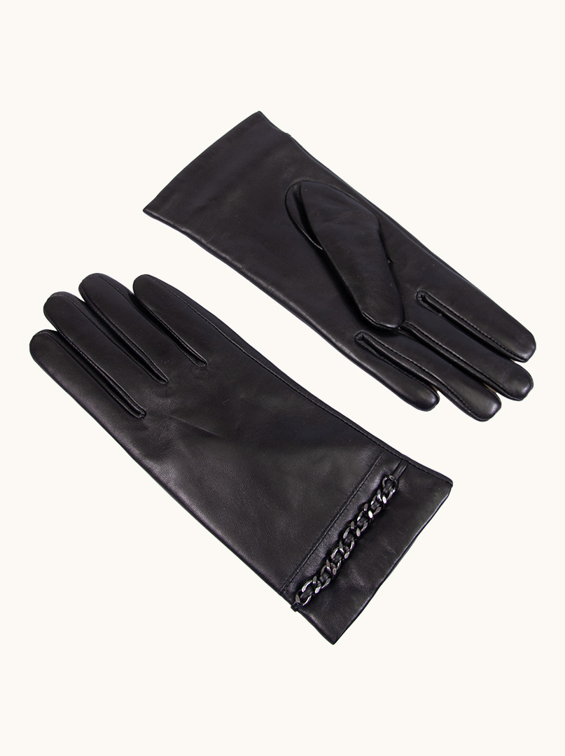 Czarne skórzane rękawiczki  z ozdobnym łańcuszkiem zdjęcie 2