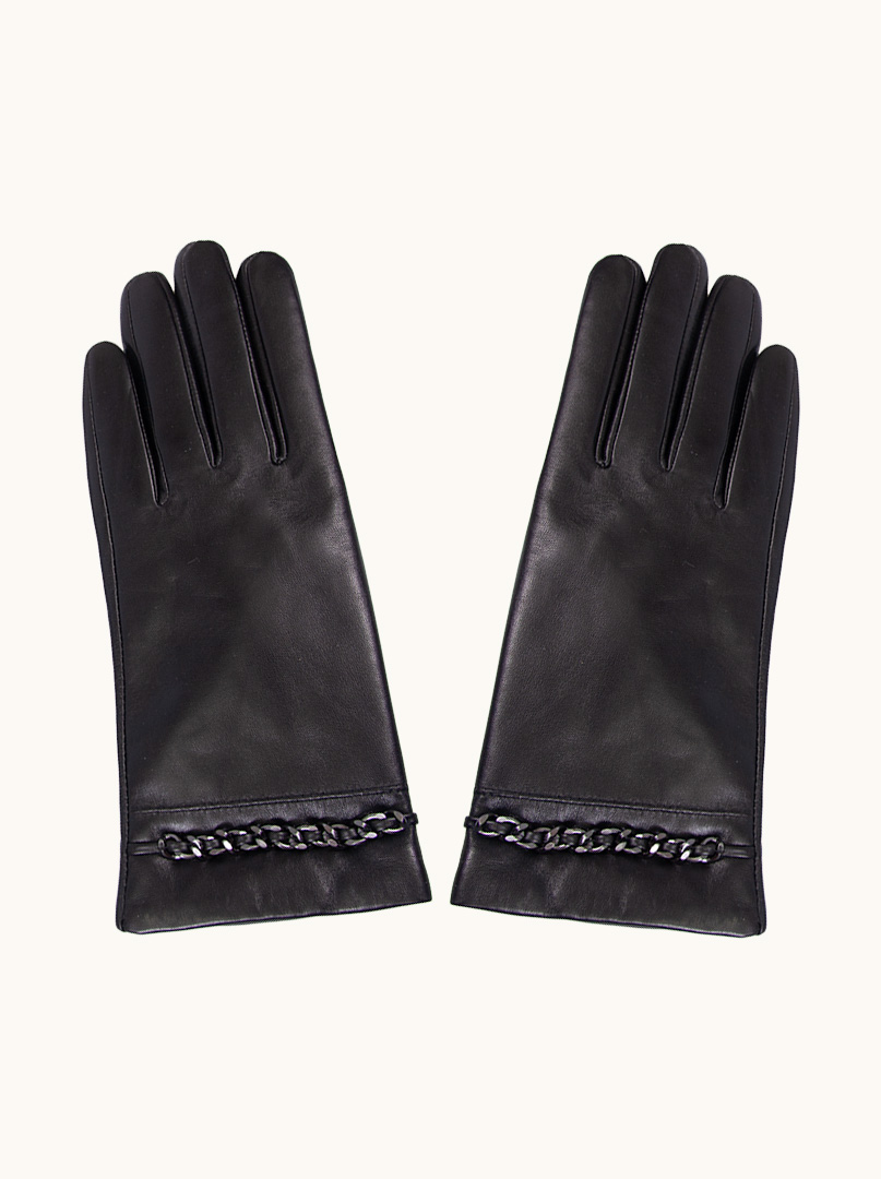Czarne skórzane rękawiczki  z ozdobnym łańcuszkiem zdjęcie 1