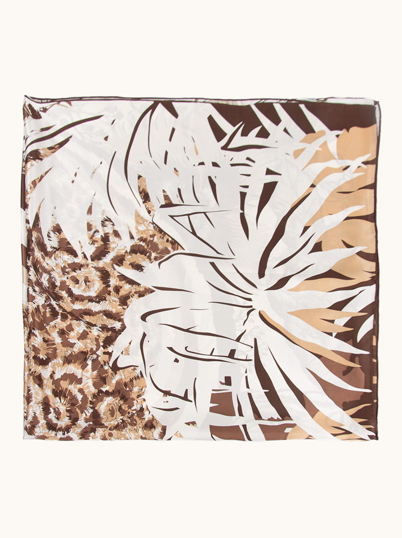 Duża chusta 110x110cm z jedwabiu beżowo-brązowa w kwiaty zdjęcie 1