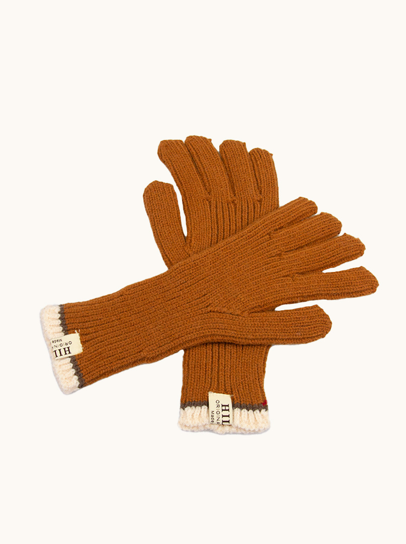Krótkie rękawiczki grube dzianinowe brązowe z łososiową końcówką zdjęcie 3