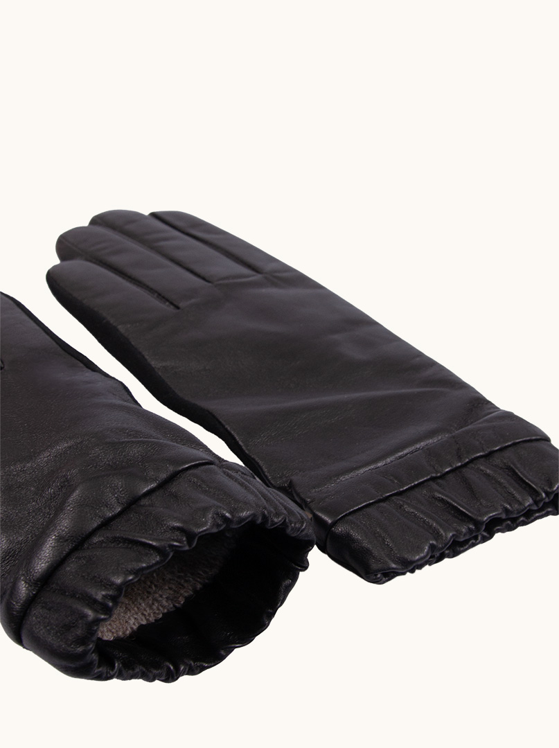 Czarne  skórzane rękawiczki z marszczonym wykończeniem zdjęcie 3