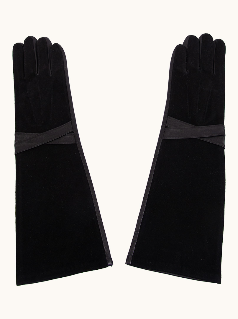 Czarne długie rękawiczki zamszowo-skórzane z ozdobnym paskiem                                                                                         z ozdobnym motywem ze skóry zdjęcie 1