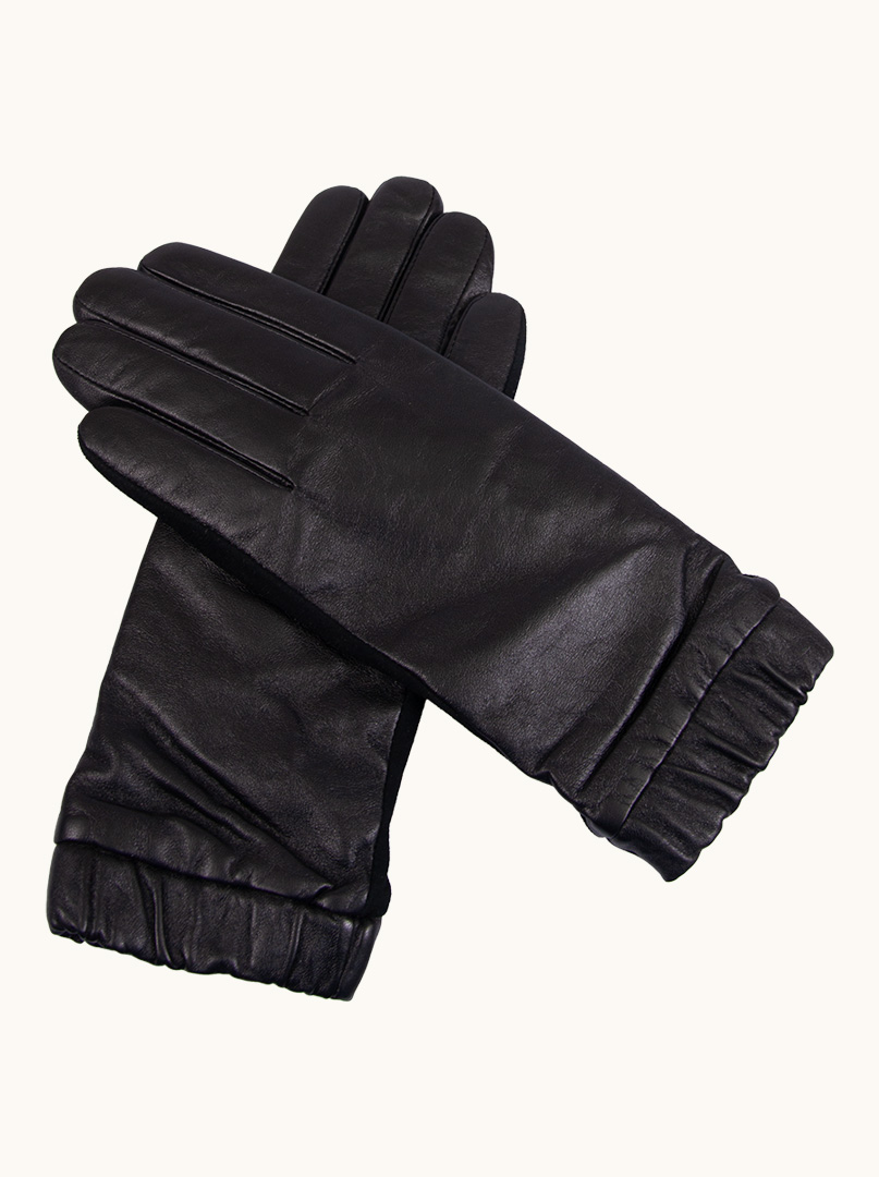 Czarne  skórzane rękawiczki z marszczonym wykończeniem zdjęcie 2