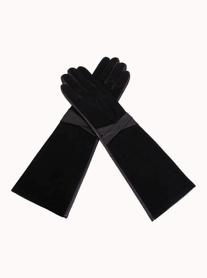 Czarne długie rękawiczki zamszowo-skórzane z ozdobnym paskiem                                                                                         z ozdobnym motywem ze skóry zdjęcie 3