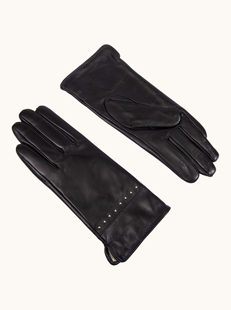 Czarne skórzane rękawiczki z ozdobnymi dżetami zdjęcie 4