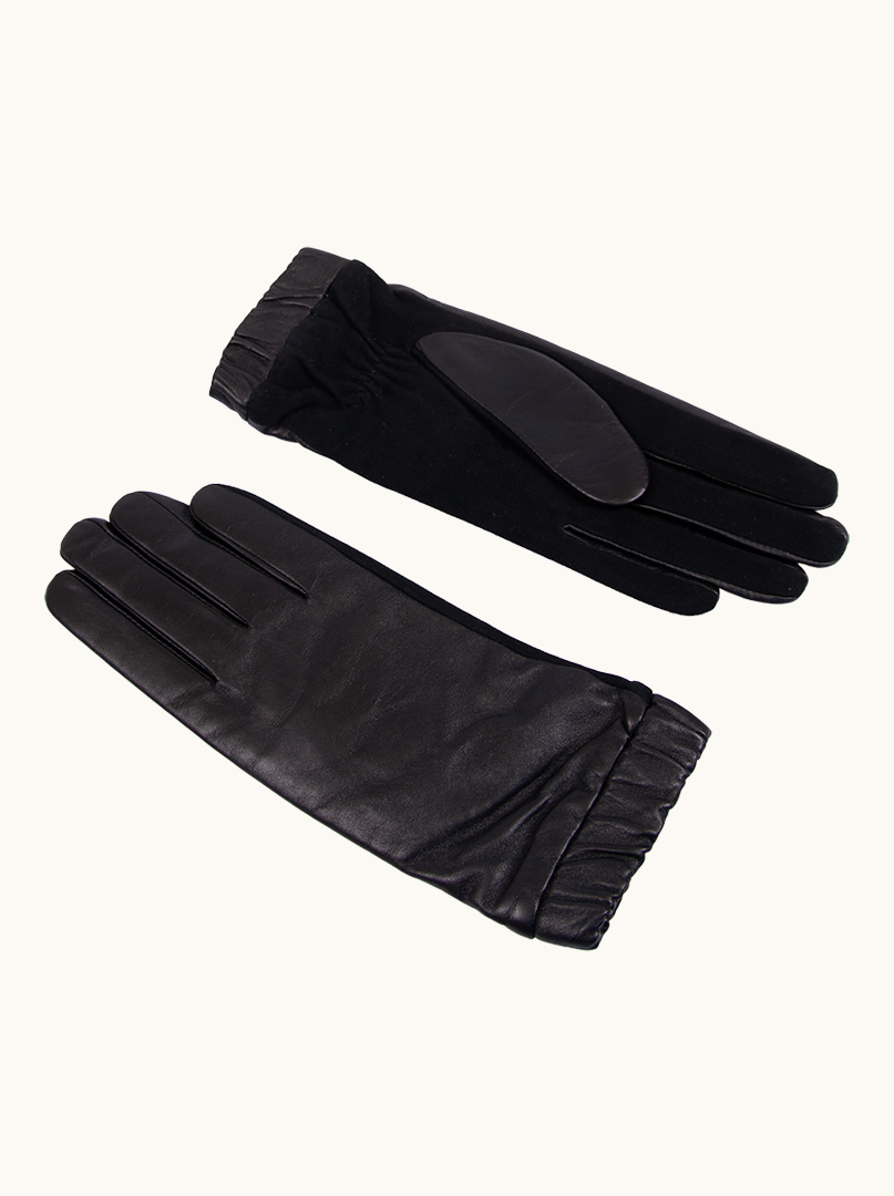 Czarne  skórzane rękawiczki z marszczonym wykończeniem zdjęcie 4