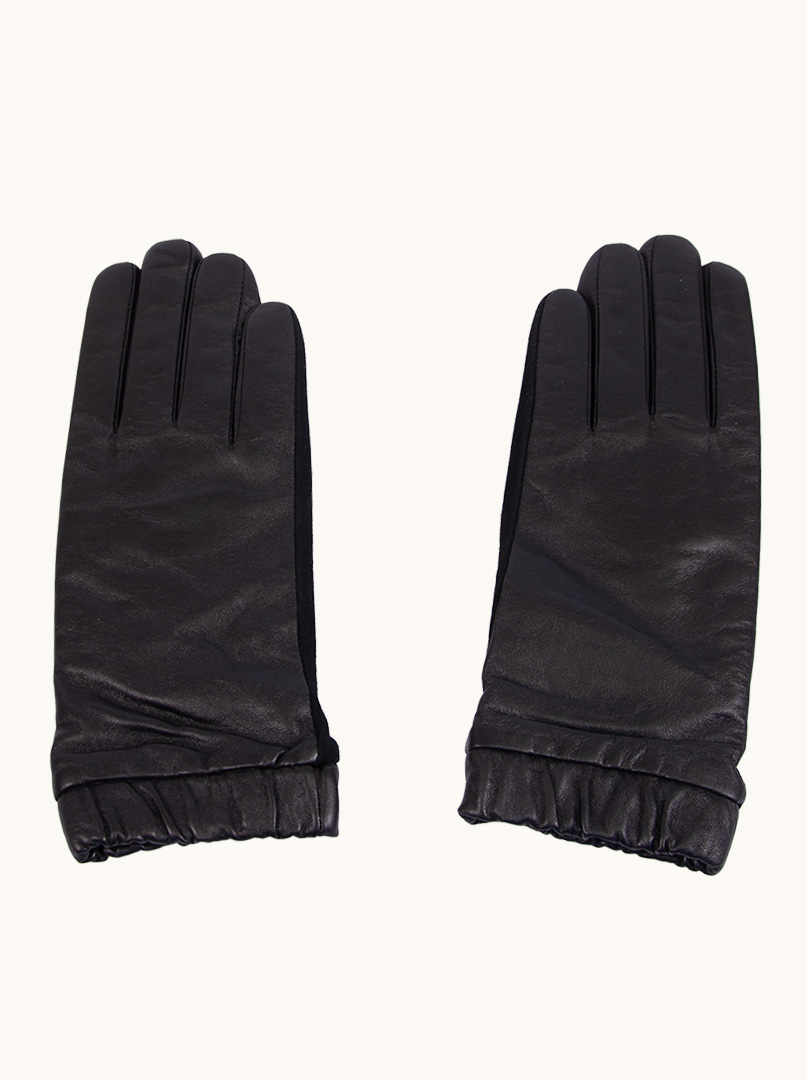 Czarne  skórzane rękawiczki z marszczonym wykończeniem zdjęcie 1