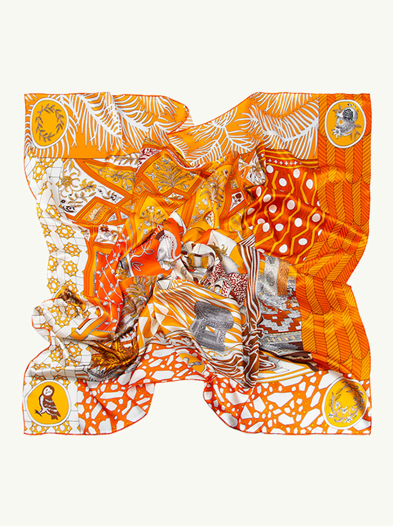 Duża chusta 110x110cm z jedwabiu pomarańczowa we wzory PREMIUM zdjęcie 3