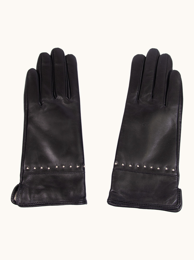 Czarne skórzane rękawiczki z ozdobnymi dżetami zdjęcie 2