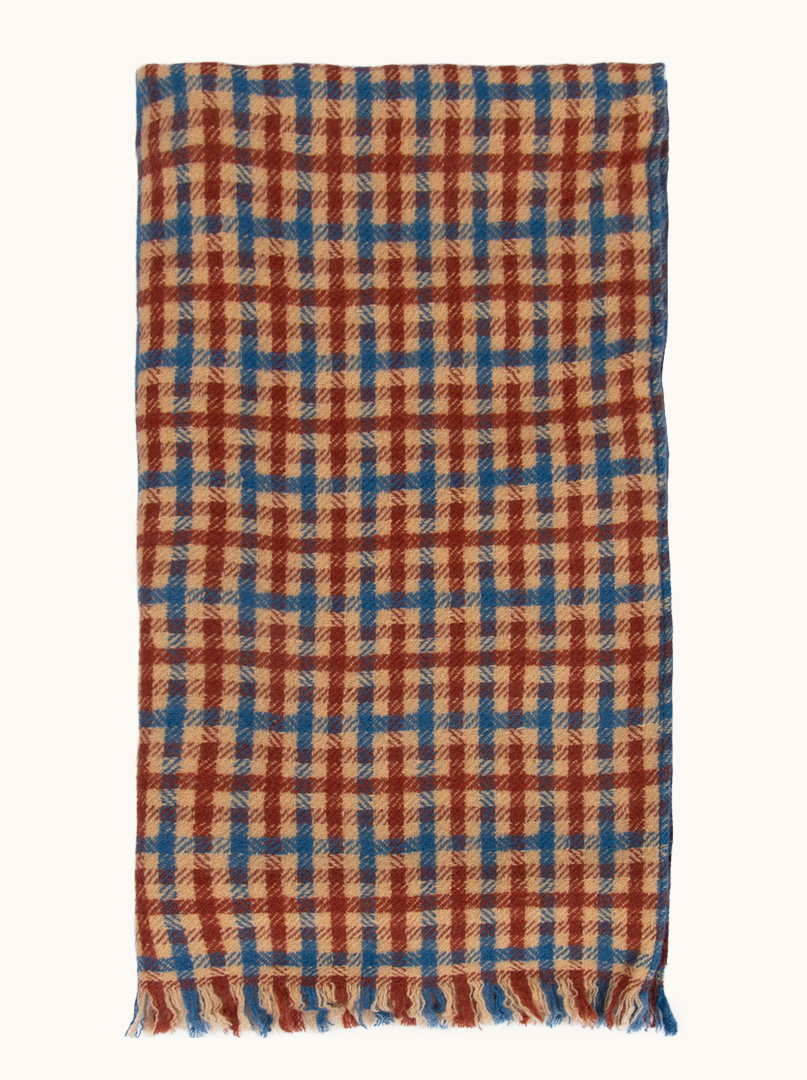 Ciepły ekskluzywny kaszmirowy beżowy szal w czerwono niebieską kratę 33 cm x 190 PREMIUM zdjęcie 3
