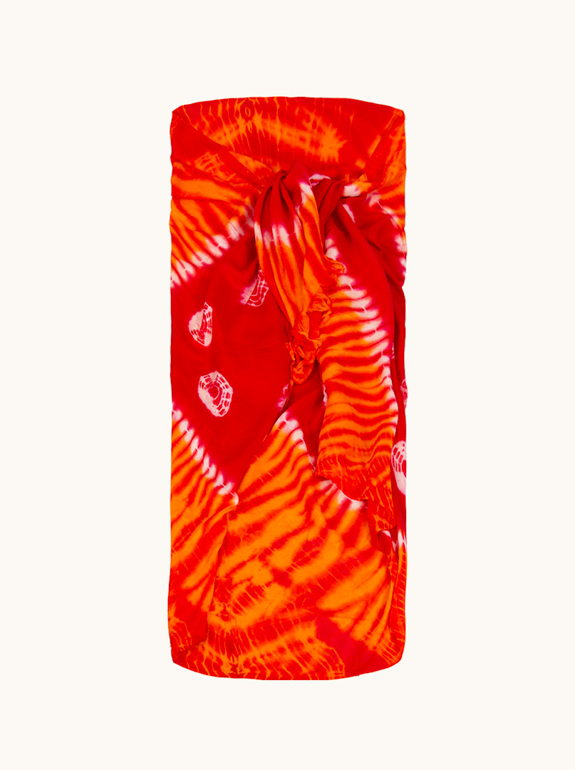 Pareo czerwone w pomarańczowe wzory z frędzlami 100 cm x 180 cm zdjęcie 1