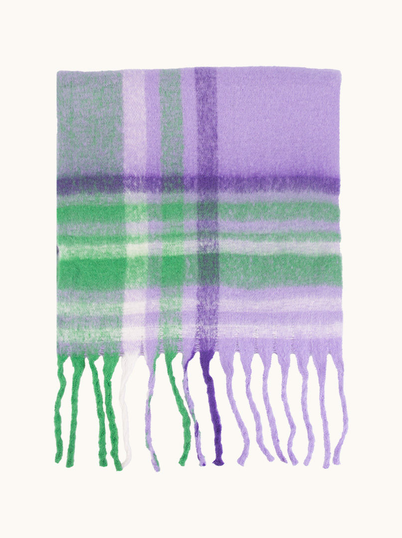 Gruby ciepły w kratę zielono-fioletową z frędzlami  40 cm x 200 cm PREMIUM zdjęcie 2